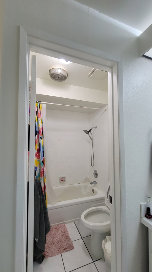 Old bathroom with fiberglass tub and shower before remodel.