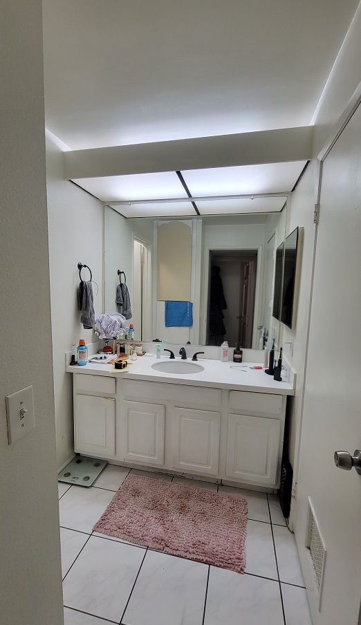 Bathroom before renovation with outdated double-sink vanity and overhead fluorescent lighting.