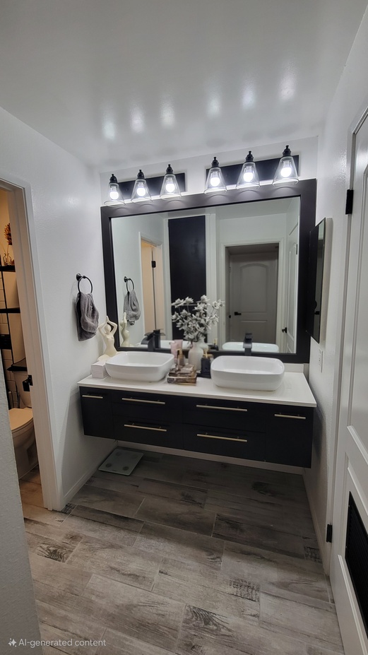 Modern bathroom renovation with floating vanity, dual sinks, and LED mirror lighting.